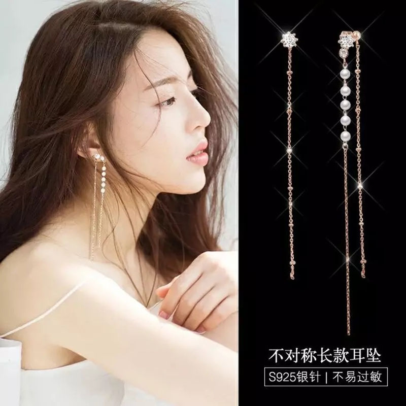 Ear Chains Women 925 Pure Silver Korea Temperament Long Version Asymmetrical Pearl Streaming Suearrings Slim Face Mesh Red Earrings Pendant