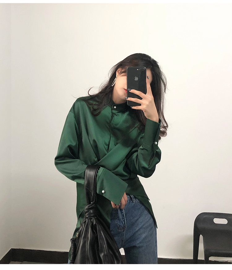 Retro cổng gió 2019 mùa thu của bạn trai đẹp trai gió lụa satin dài tay áo đứng cổ áo lỏng lẻo hàng đầu thủy triều - Áo sơ mi dài tay 	mẫu áo sơ mi dài tay nữ đẹp	