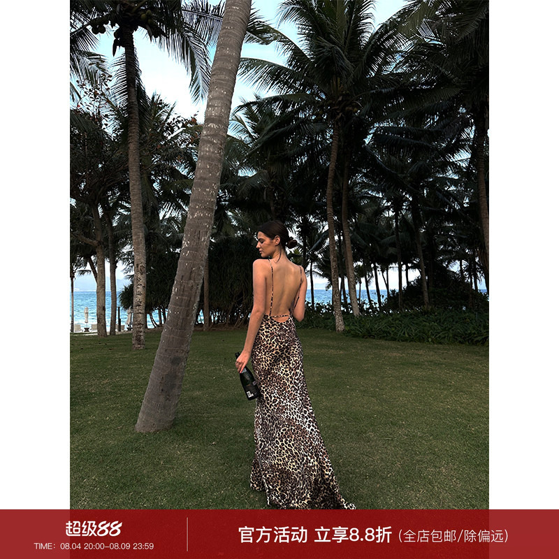 0122Stepll Wild Seduction Leopard Print Strap Dress Feminine Hot Girl Backless Swing Neck Printed Long Dress