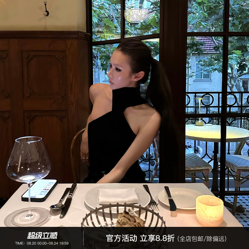 0122Stepll Hunting Moment Black Halter Neck Tank Top for Women, Slim Fit Design, Off-Shoulder Knitted Top 0122Stepll Hunting Moment Black Halter Neck Tank Top for Women, Slim Fit Design, Off-Shoulder Knitted Top