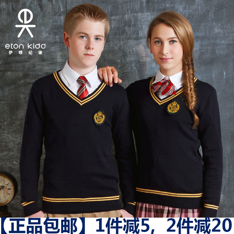 Eaton Guild primary and middle school uniforms for male and female children Hide Blue yellow side cover Knitted Sweatshirt V Collar Spring Autumn 09M101