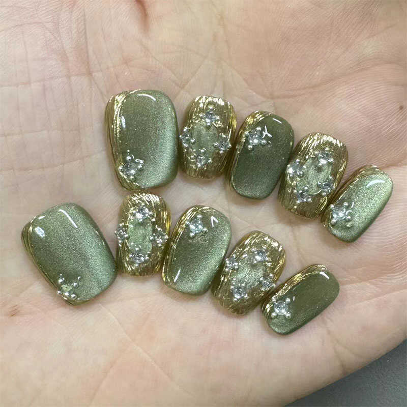 Dudu Handmade Wearable Nails 2025 New Style Cat Eye Green Fake Nails Medium Short Style Whitening Finished Nail Patches