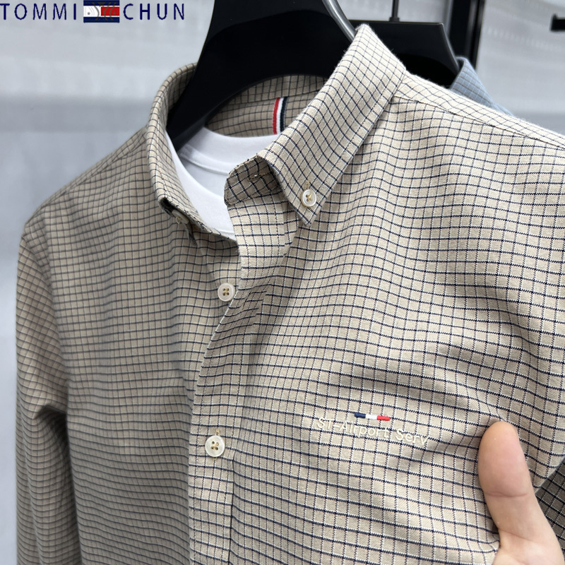 Authentic Tommy Pure Cotton Long-Sleeved Shirt for Men, New Spring and Autumn Fashion Business Casual Oxford Cloth Shirt Jacket