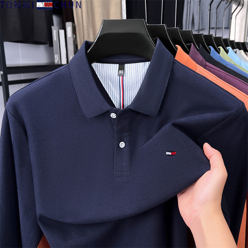 Authentic Tommy Pure Cotton Long-Sleeved T-Shirt for Men, New Spring and Autumn Fashion Casual Business Polo Shirt for Young and Middle-Aged People