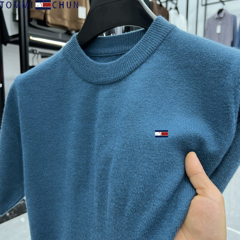 Authentic Tommy Pure Wool Sweater Men's Short-Sleeve Winter Fashion Casual Solid Color Thermal Underwear Base Layer for Young and Middle-Aged Men