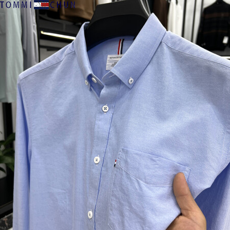 Authentic American Tommy Pure Cotton Long-Sleeved Shirt for Men 2024 Spring Business Casual Sweat-Absorbent Breathable Middle-Aged Shirt