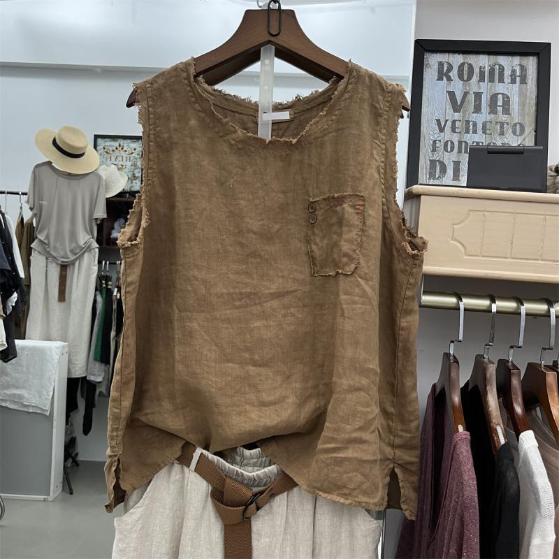 Summer New Solid Color Linen Raw Edge Round Neck Vest for Men, Artistic Cotton and Linen Women's Loose Fashion Sleeveless Thin Top Summer New Solid Color Linen Raw Edge Round Neck Vest for Men, Artistic Cotton and Linen Women's Loose Fashion Sleeveless Thin Top