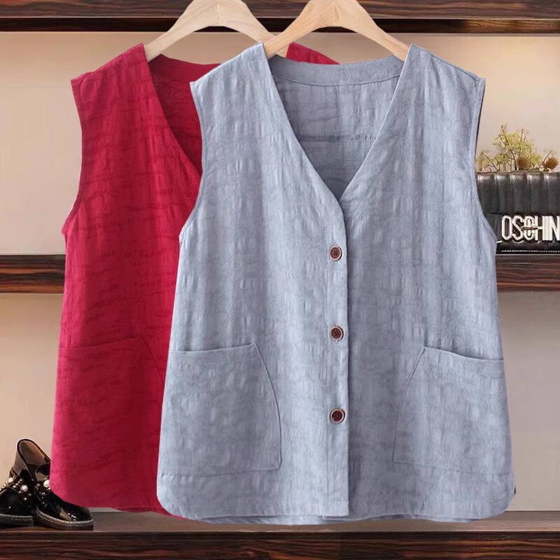 Middle-Aged and Elderly Women's Vest Tops, Jacquard Cotton and Linen Cardigans, Summer Vests, Plus Size Slimming Vests for Elderly Women