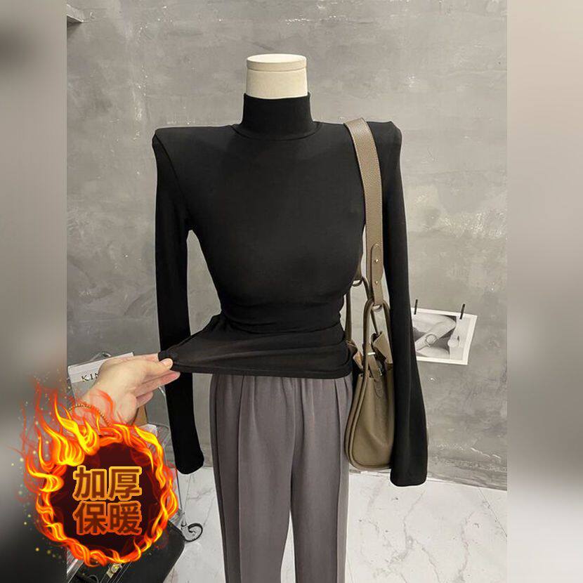 Advanced feeling soft base with high collars undershirt female autumn winter plus suede long sleeve T-shirt with pure color Korean version blouses-Taobao
