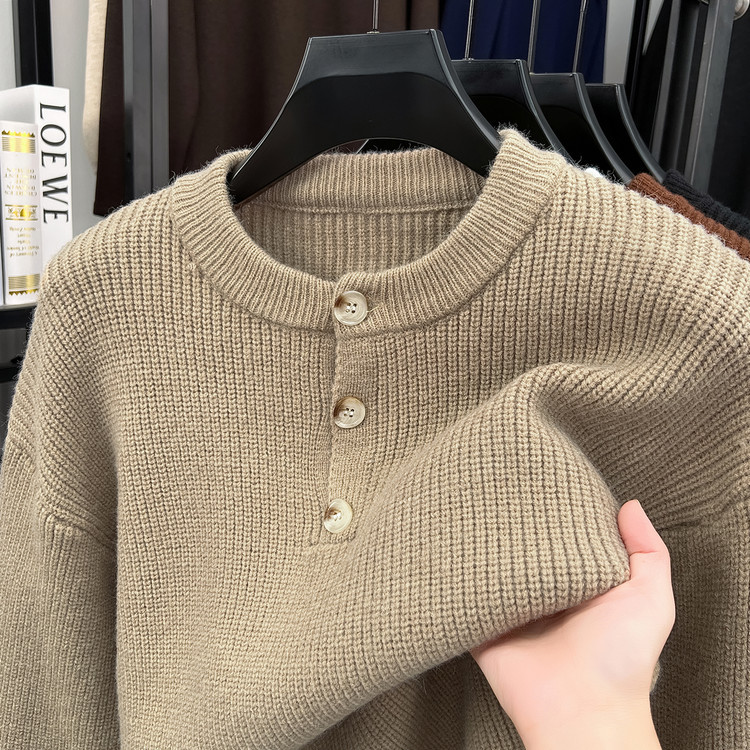 Autumn and Winter Henry Collar Knitted Base Layer Men's Long-Sleeved Three-Button Sweater Warm Base Layer Pullover Top