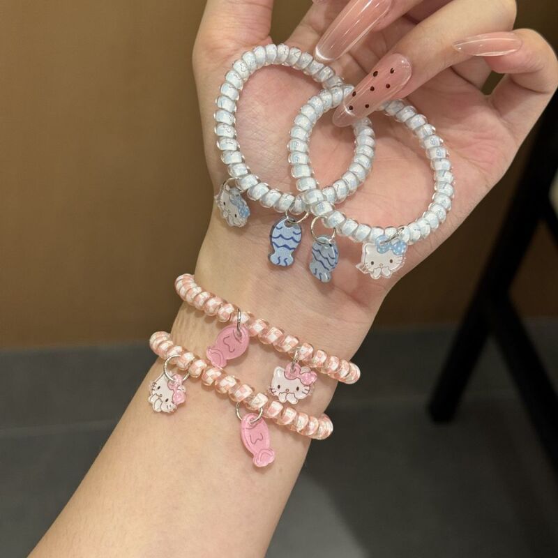 Cute Cat Eating Fish High-Elasticity Ponytail Phone Cord Hair Tie for Women ins Style Niche Simple Couple Best Friend Bracelet