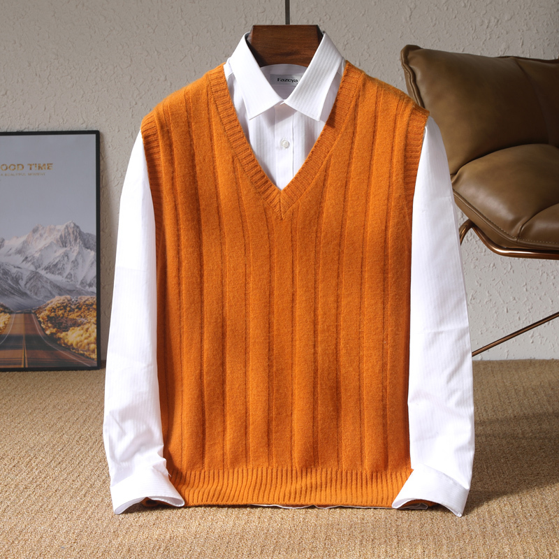 Autumn and Winter 100% Pure Wool Vest Men's V-Neck Thickened Business Casual Sleeveless Sweater Knitted Sweater