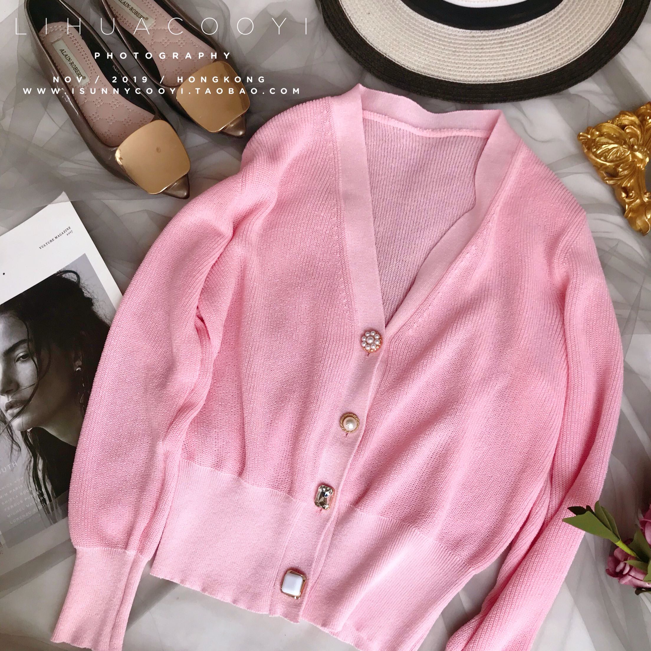 2019 mùa thu mới rất cổ tích nạm kim cương áo khoác nữ màu hồng nước ngoài áo len cardigan nữ ngắn đoạn - Đan Cardigan áo len nữ đẹp 2021