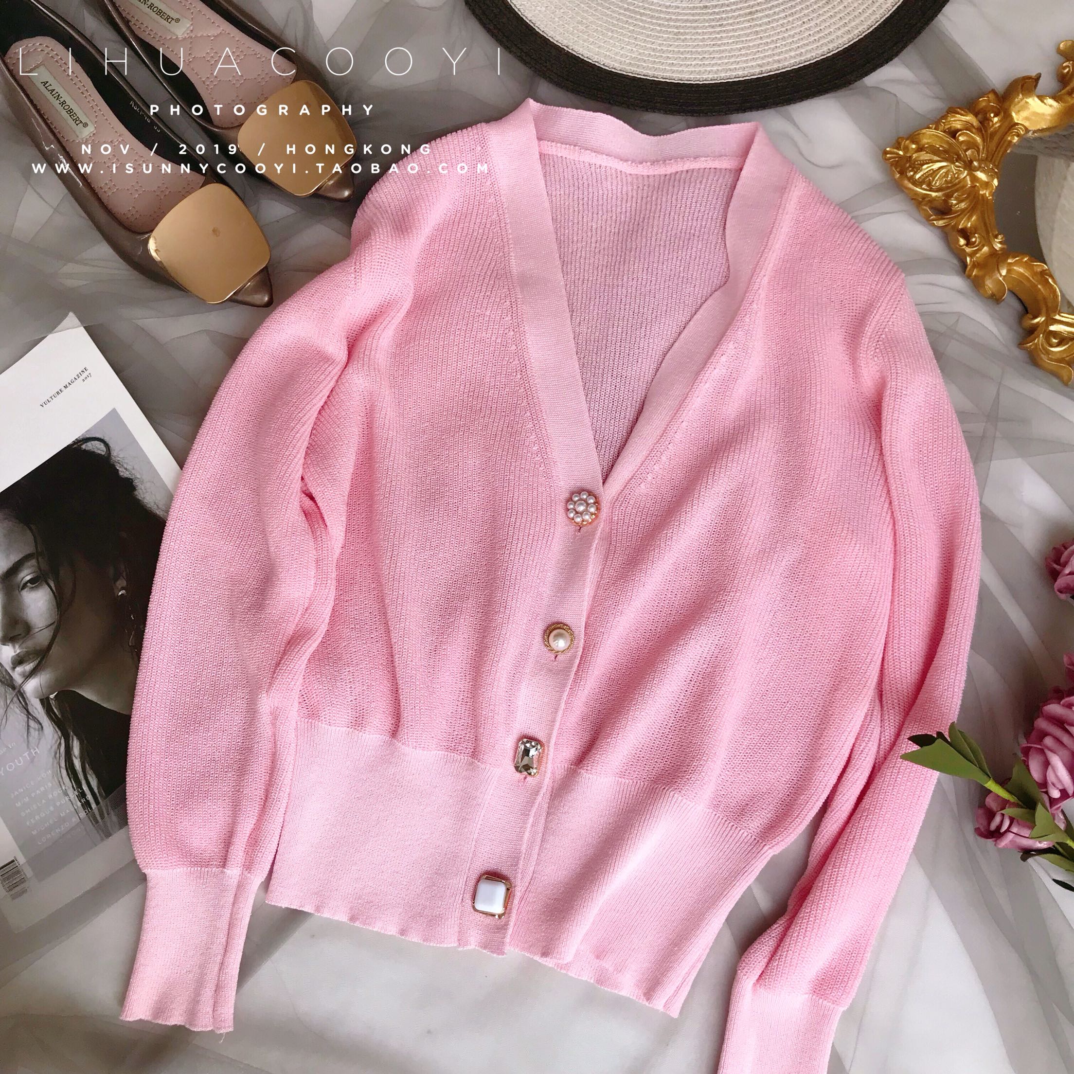 2019 mùa thu mới rất cổ tích nạm kim cương áo khoác nữ màu hồng nước ngoài áo len cardigan nữ ngắn đoạn - Đan Cardigan áo len nữ đẹp 2021