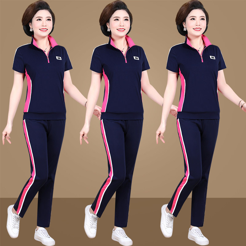 Mother's Summer Dress Foreign Style Sports Suit Middle-aged Women's Summer Short Sleeve T-Shirt Jacket Middle-aged Women's Fashion Two-Piece Set