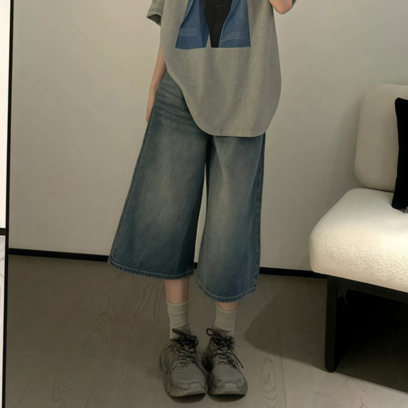 Women's Cropped Pants 2026 New Vintage Denim Pants Petite Wide-Leg Mid-Length Pants Plus Size Loose Straight-Leg Pants