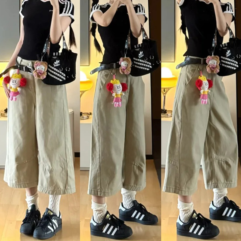 Women's Cropped Denim Pants, Plus Size, Slimming Khaki Cargo Pants, High-Waisted Wide-Leg Pants, Loose Eight-Point Pants