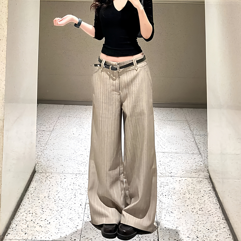 Striped Suit Pants, Old Money Style Women's Summer Thin Wide-Leg Pants, Plus Size, Slimming, Drapey Casual Pants