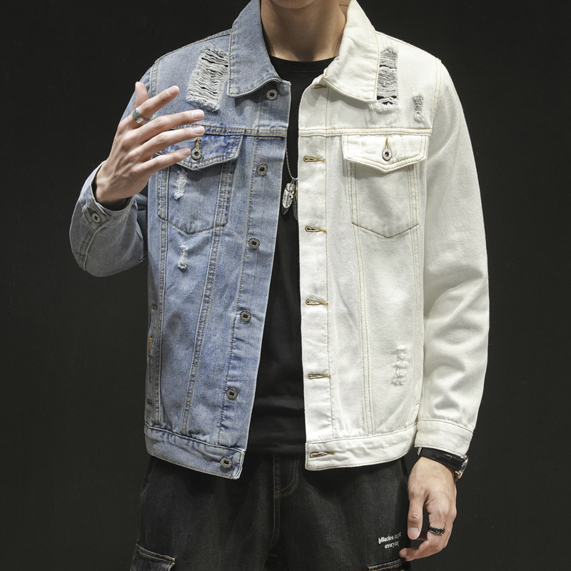 Denim Jacket Men's 2022 Spring Autumn Loose Jacket Tide Collage Personality Halves Clothing Splicing Before And After