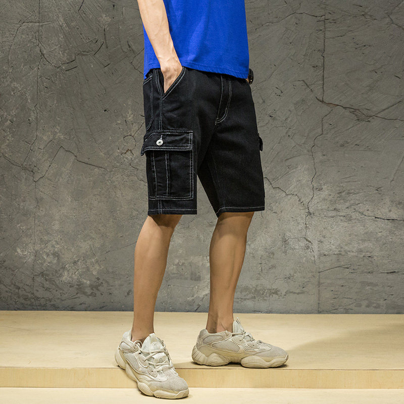Men's 50% pants overalls multi-pocket denim shorts male black large size plus fattening increased loose 5-pants 50% pants
