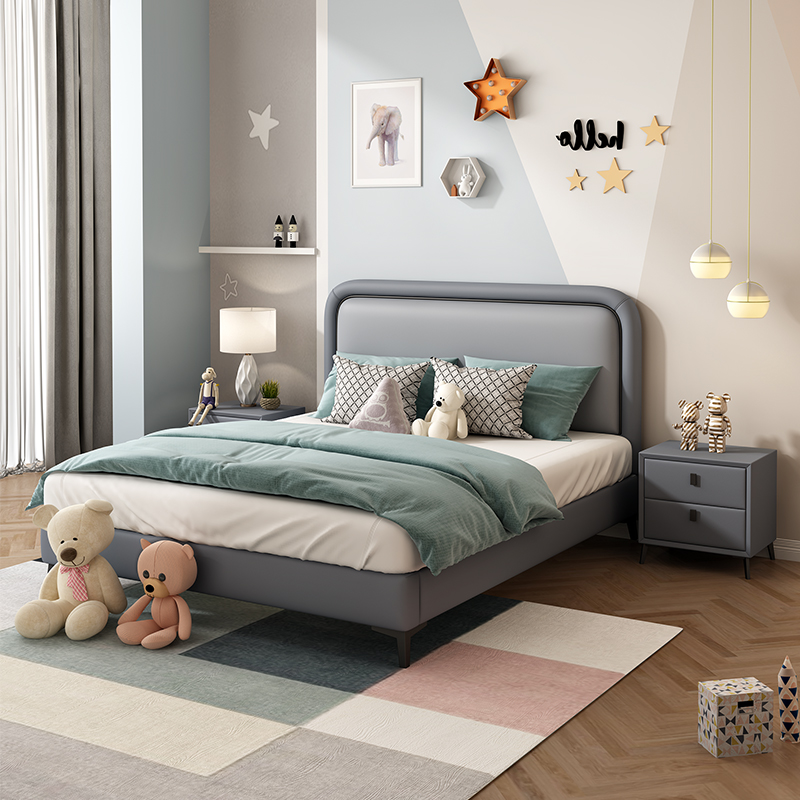 Modern minimalist children's bed soft pack economic net red student single bed genuine leather solid wood girl boy cartoon bed