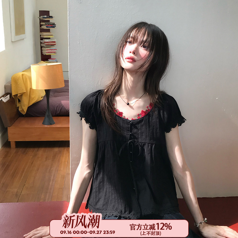 Cheese Day【Dark Night Rose】Japanese-Style Black Base Red Rose Embroidered Shirt Summer V-Neck Puff Sleeve Blouse for Women Cheese Day【Dark Night Rose】Japanese-Style Black Base Red Rose Embroidered Shirt Summer V-Neck Puff Sleeve Blouse for Women
