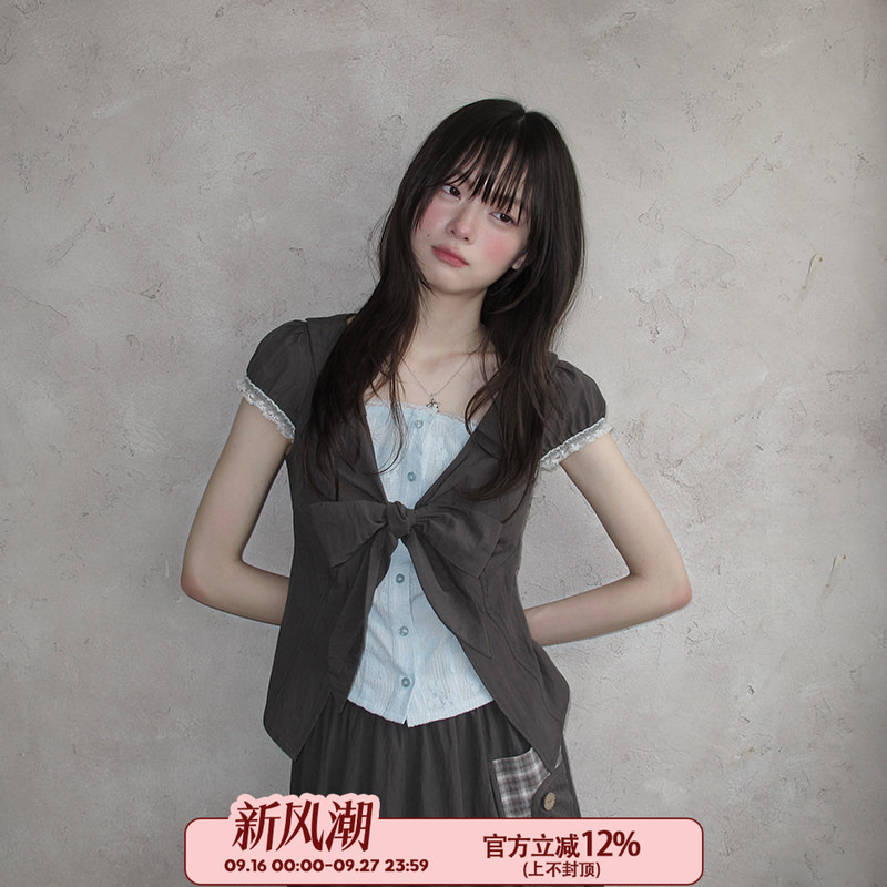Cheese Day【Clear Skies and Clouds】Japanese-Style Lapel Fake Two-Piece Top Summer Bow Tie Slim-Fit Shirt Cheese Day【Clear Skies and Clouds】Japanese-Style Lapel Fake Two-Piece Top Summer Bow Tie Slim-Fit Shirt