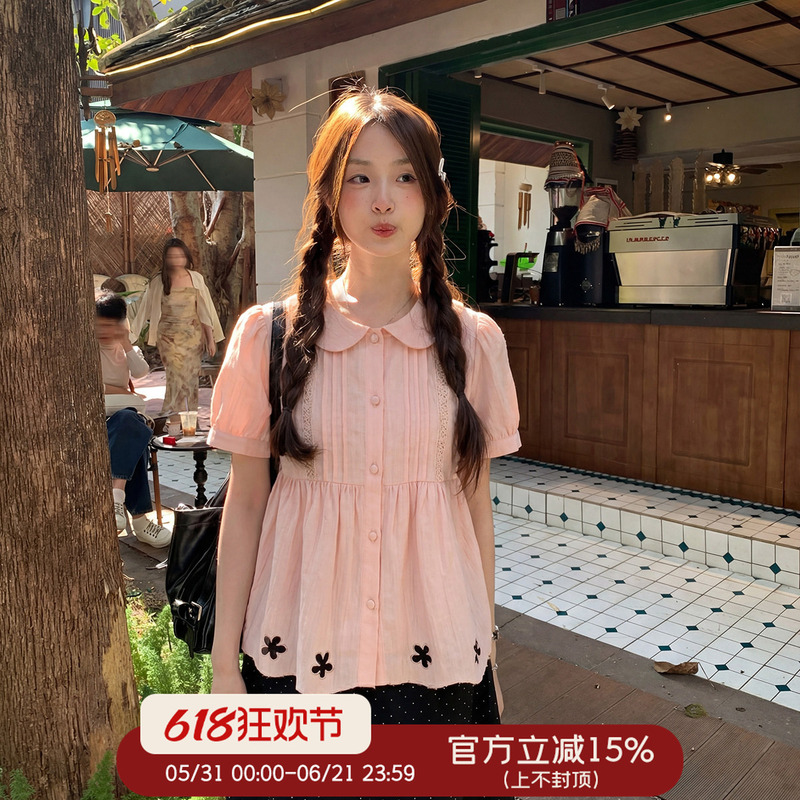 Cheese Day【Cherry Blossom Light Pink】Retro College Pink Doll Collar Embroidered Top Summer Sweet Loose Shirt Cheese Day【Cherry Blossom Light Pink】Retro College Pink Doll Collar Embroidered Top Summer Sweet Loose Shirt