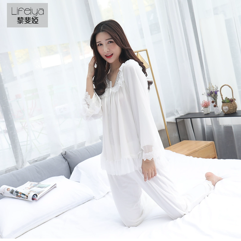 Li Feiya mới của mùa xuân và mùa hè cotton Nhật Bản quần áo ở nhà công chúa cotton ngọt ngào hai lớp lưới dài tay hai mảnh - Nam giới