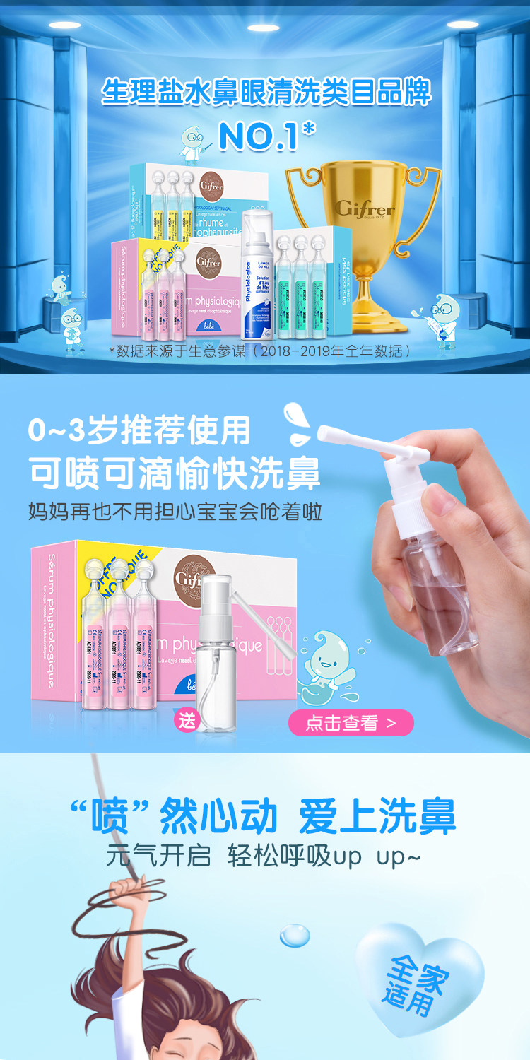 年销量过亿支 法国原产 Gifrer 主打款生理海盐水鼻喷雾 100ml*2瓶 图1
