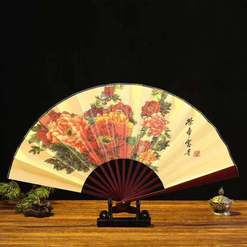 Classical retro folding fan 8 inches 9 inches 10 inches peony flower rich and lucky fan festival performance dance double-sided - Taobao
