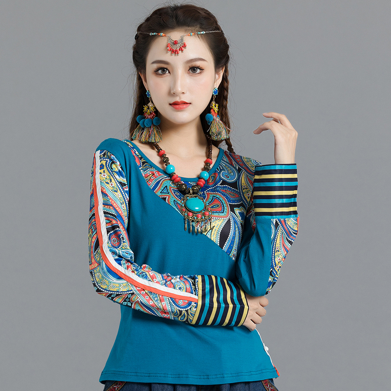 Spring and Autumn New Vintage Ethnic Style Round Neck Long Sleeve T-Shirt for Women, Plus Size, Printed Patchwork, Slim Fit, Versatile Top Spring and Autumn New Vintage Ethnic Style Round Neck Long Sleeve T-Shirt for Women, Plus Size, Printed Patchwork, Slim Fit, Versatile Top