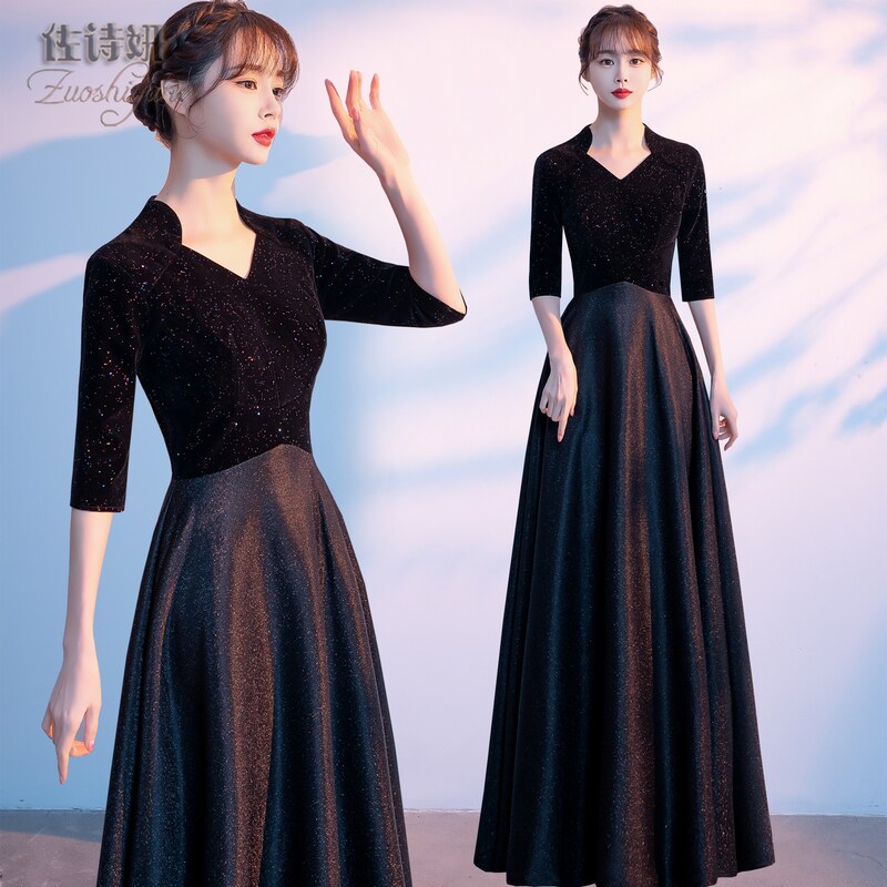 Black dress women's long dress new arrivalclassy velvet choir performance  clothes piano evening dress chorus director
