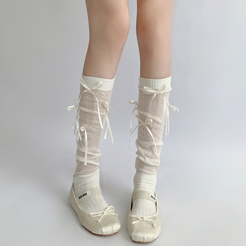 Nighttime Practice Room Ballet-Style Socks for Women, Spring White Calf Socks, Thin Bow-Tie Tie-Up Long Tube Slouch Socks Nighttime Practice Room Ballet-Style Socks for Women, Spring White Calf Socks, Thin Bow-Tie Tie-Up Long Tube Slouch Socks