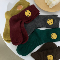  Wool smiley socks cartoon socks womens mid-tube thickened warm Korean version of student ins wind autumn and winter long embroidery tide