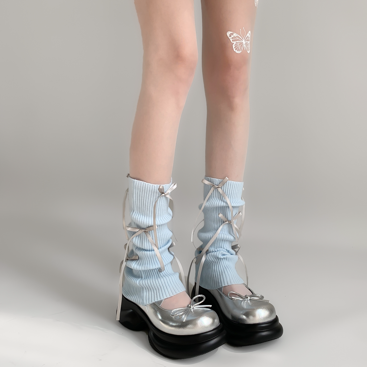Women's Blue Socks for Night Practice Room, Spring Style, Bow Bow, Ballet Style, JK Calf Socks, Lolita Style Slouch Socks