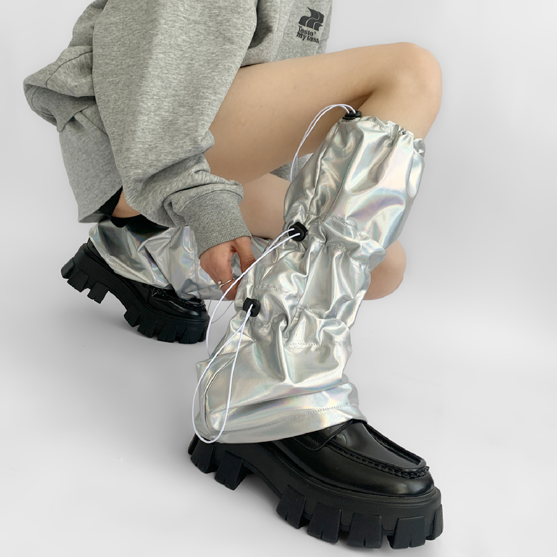 Nighttime Classroom Leg Warmers, Spring Style, Subculture Hot Girl Laser Silver Functional Style Drawstring Workwear Stacked Socks for Women
