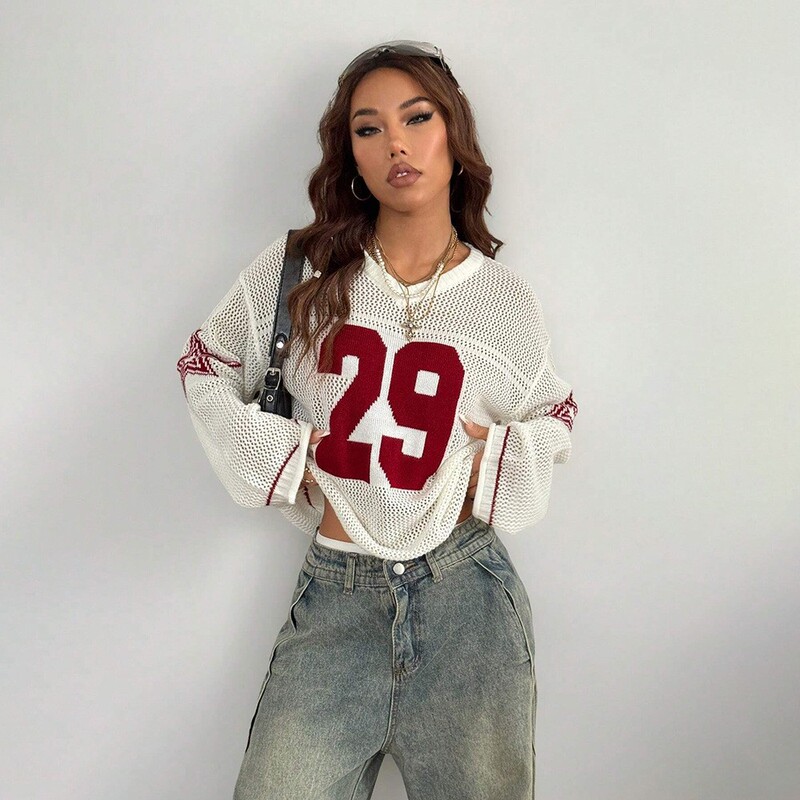 2025 Cross-Border European and American New Fashion Casual Street Trend Digital Print V-Neck Loose Long-Sleeved Knitted Sweater