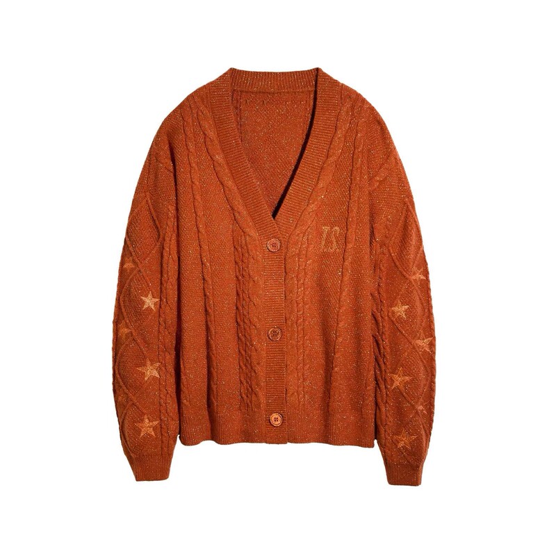 2026 Taylor Swift Style Orange Cardigan with Embroidered Stars, Loose and Casual Sweater with a Relaxed Vibe