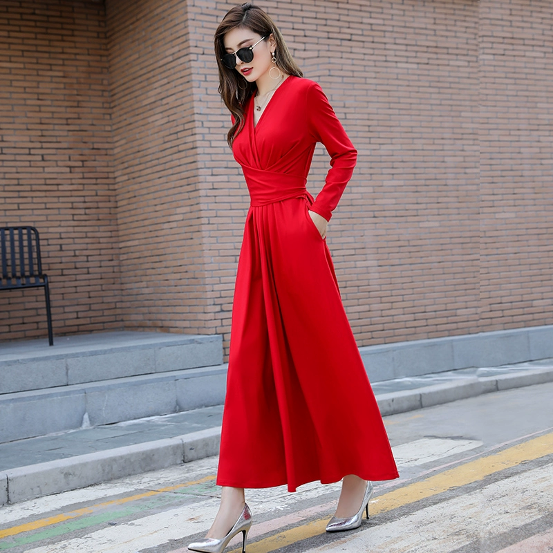 Váy thu đông mới 2021 váy cưới của phụ nữ lớn màu đỏ với eo và độ mỏng đến mắt cá chân váy dài - váy đầm