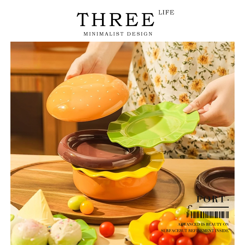 Tlife·Fort· Tableware Hamburger Ceramic Plate Salad Bowl Dessert Plate Underglaze Color Creative |   Fortress