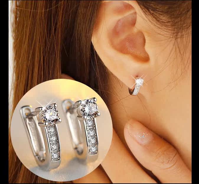 Gift earrings female Korean temperament personality crystal earrings Ear buckle ear ring simple sterling silver earrings hypoallergenic