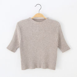 ເສື້ອເຊີດເສື້ອຢືດແຂນຂາສັ້ນເຄິ່ງຂາເຕົ່າແອວສູງສຳລັບຜູ້ຍິງແບບເກົາຫຼີ pit stripe slim fit quarter-sleeve knitted top trendy