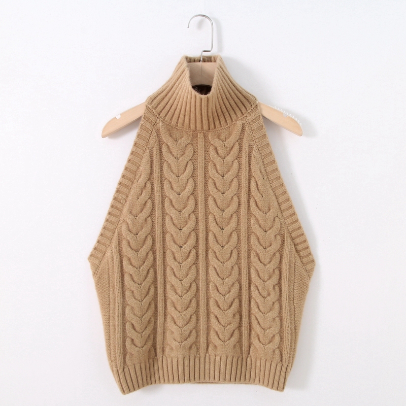 High-Neck Halter Knit Top for Women, Slim-Fit Short Backless Camisole, Sleeveless Sweater, Cable Knit Vest Top