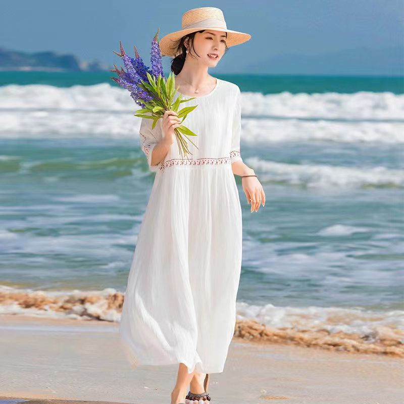 Embroidered Cotton and Linen Dress for Women 2025 New Summer White Simple Elegant Short-Sleeved Large Size Loose Dress Embroidered Cotton and Linen Dress for Women 2025 New Summer White Simple Elegant Short-Sleeved Large Size Loose Dress