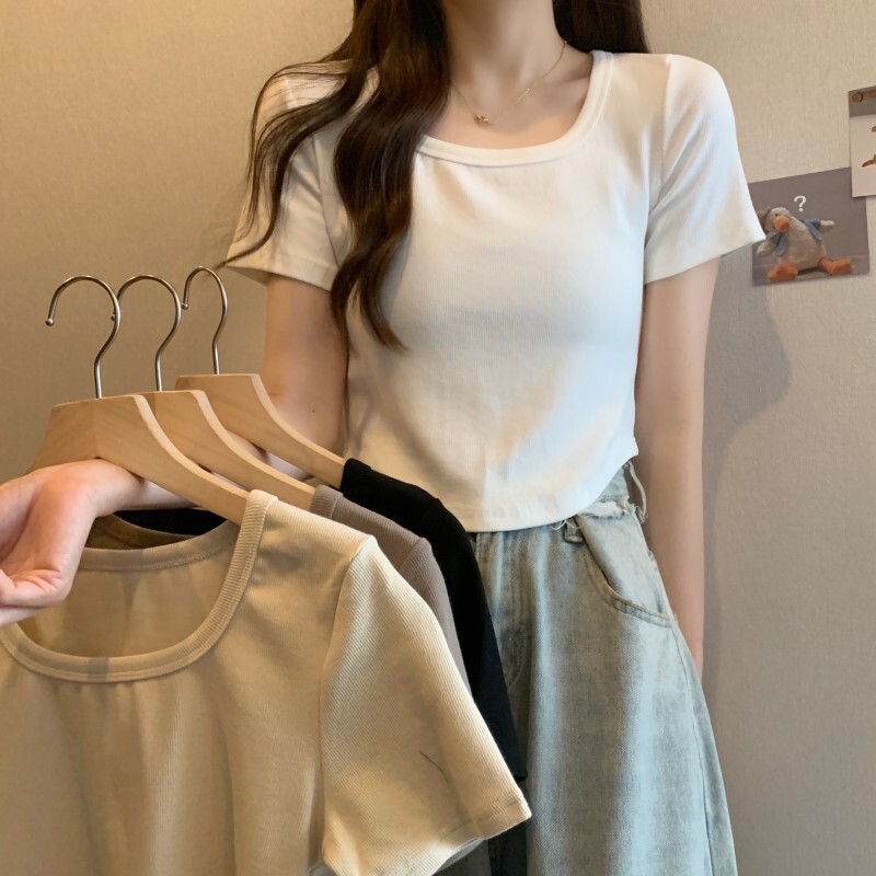 French-Style Square Neck, Regular Shoulder, Slimming White Short-Sleeve Women's Summer Pure and Light Thin Irregular Hem T-Shirt Inner Top