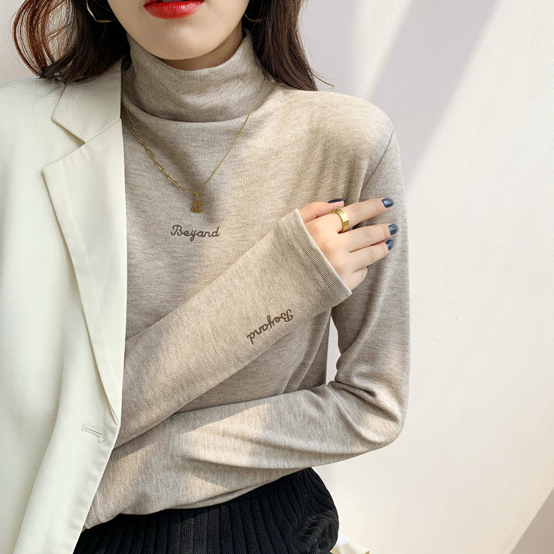 Autumn-winter new black inner lap cashmere beating undershirt skin-skinny warm and slim blouse half-height collar long sleeve t-shirt-Taobao