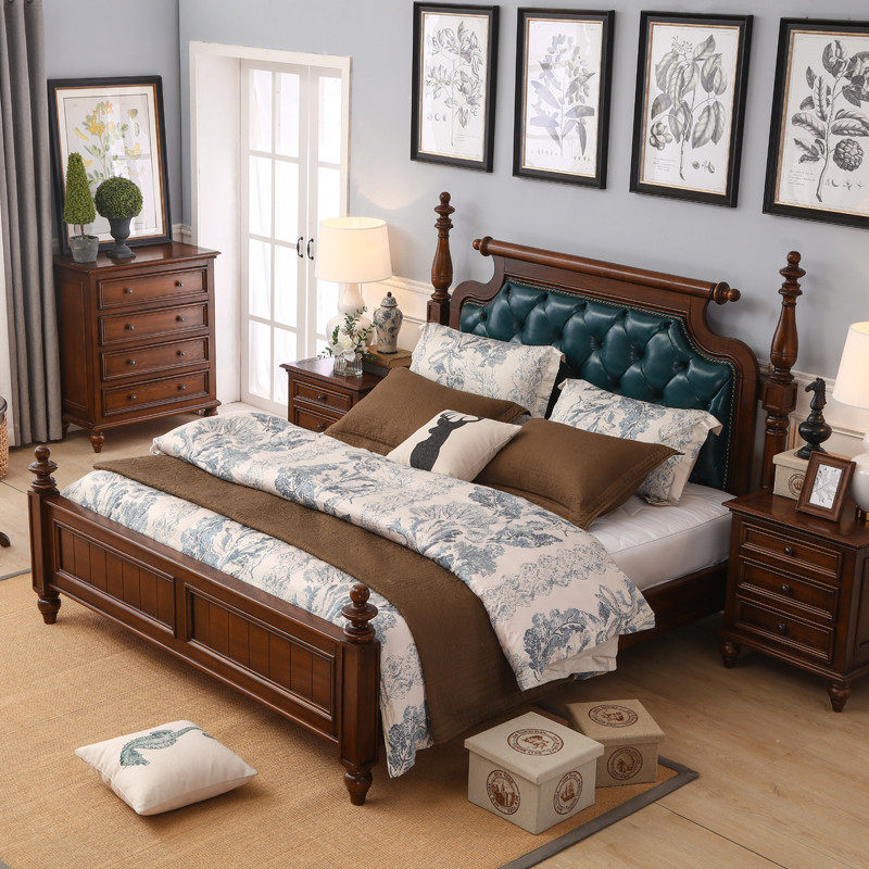 American Solid Wood Bedroom White Wax Married Bed Simple European-style Double Super Fiber Superfiber Bed Country Retro Furniture