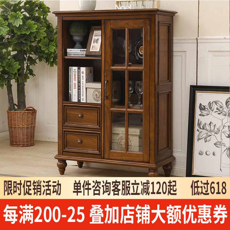 American vintage rural dwarf cabinet contains white wax solid wood double door glass living room bedroom cabinet