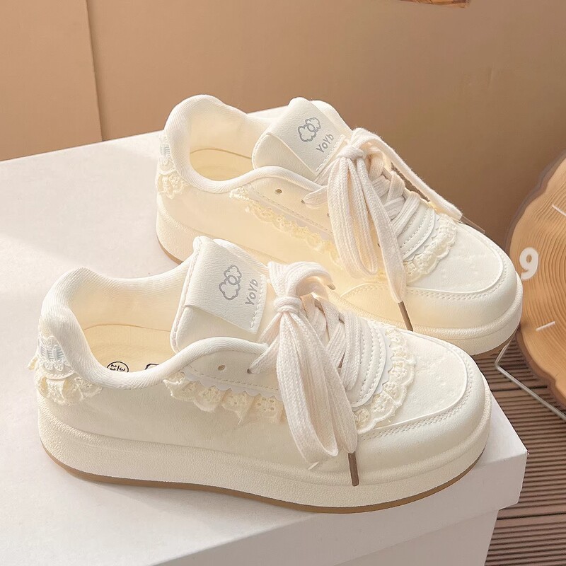 French Vejazy Sweet Style Lace White Shoes for Women, New Thick-Soled Sneakers, Versatile Casual Shoes, Lightweight Loafers